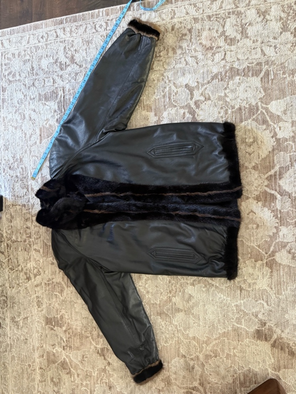 Oscar de la Renta Black Leather Jacket with Fur Trim Accents
